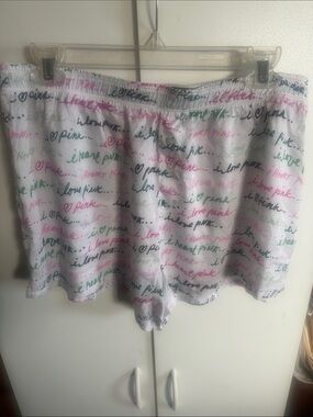 Pink Victoria Secret Women's Silky Lounge Shorts with Multicolor writing